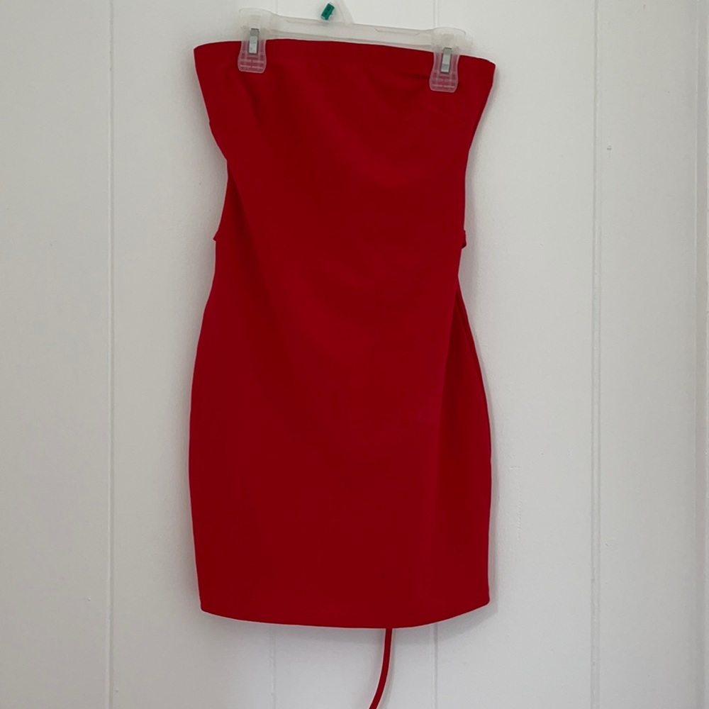 Red strapless fitted dress